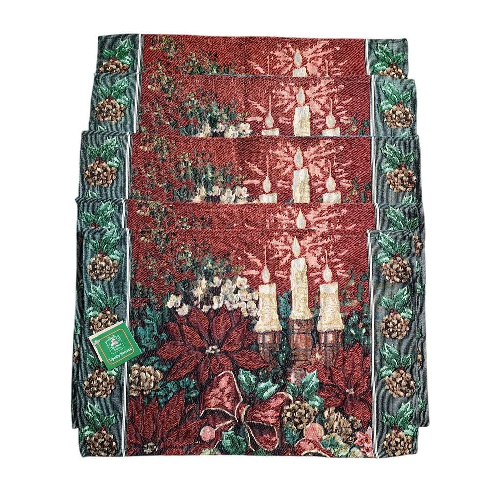 Christmas House Poinsettia Pine Cones Candles Tapestry Placemat Set of 5